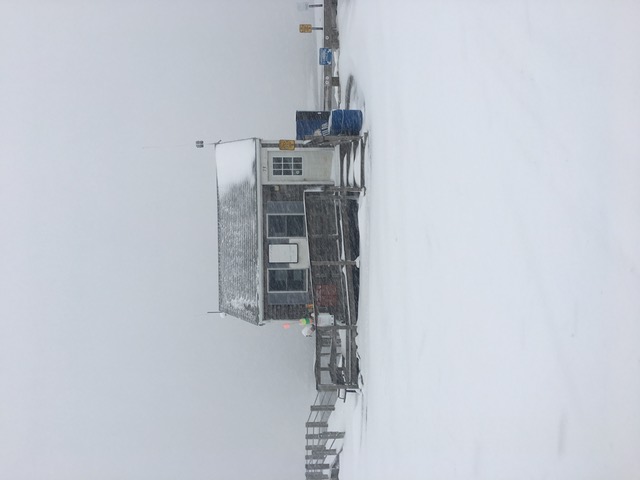 Harbormaster shack in a snowstorm