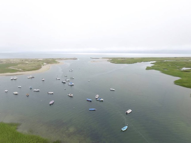 Pamet Harbor on a soft, foggy morning — boats moored amid the marsh
