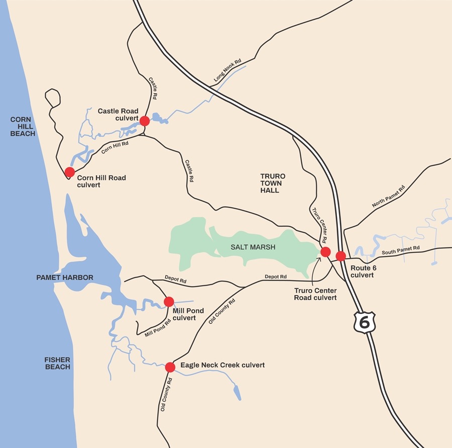 Map of the Pamet River system in Truro marking its six culverts: Castle Road, Corn Hill Road, Mill Pond, Eagle Neck Creek, Truro Center Road, and Route 6, with the salt marsh between Truro Center Road and Pamet Harbor